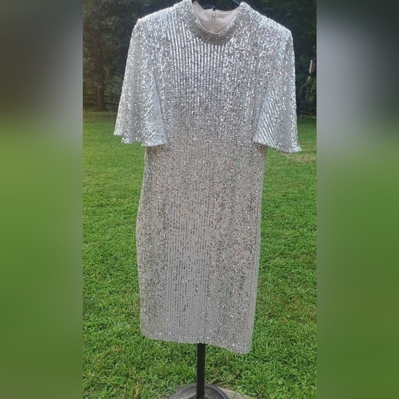 Eliza J Women's Sequined‎ Flutter-Sleeve Mock Neck Cocktail Dress Size 10 - Picture 2 of 13